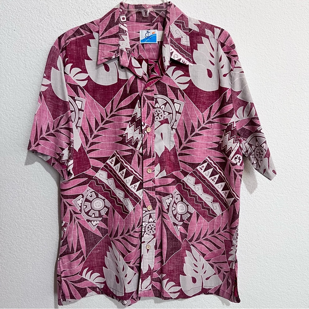 Loana Casuals Hawaii Red Fronds Floral Print Cotton Polynesian Motif Aloha Shirt
